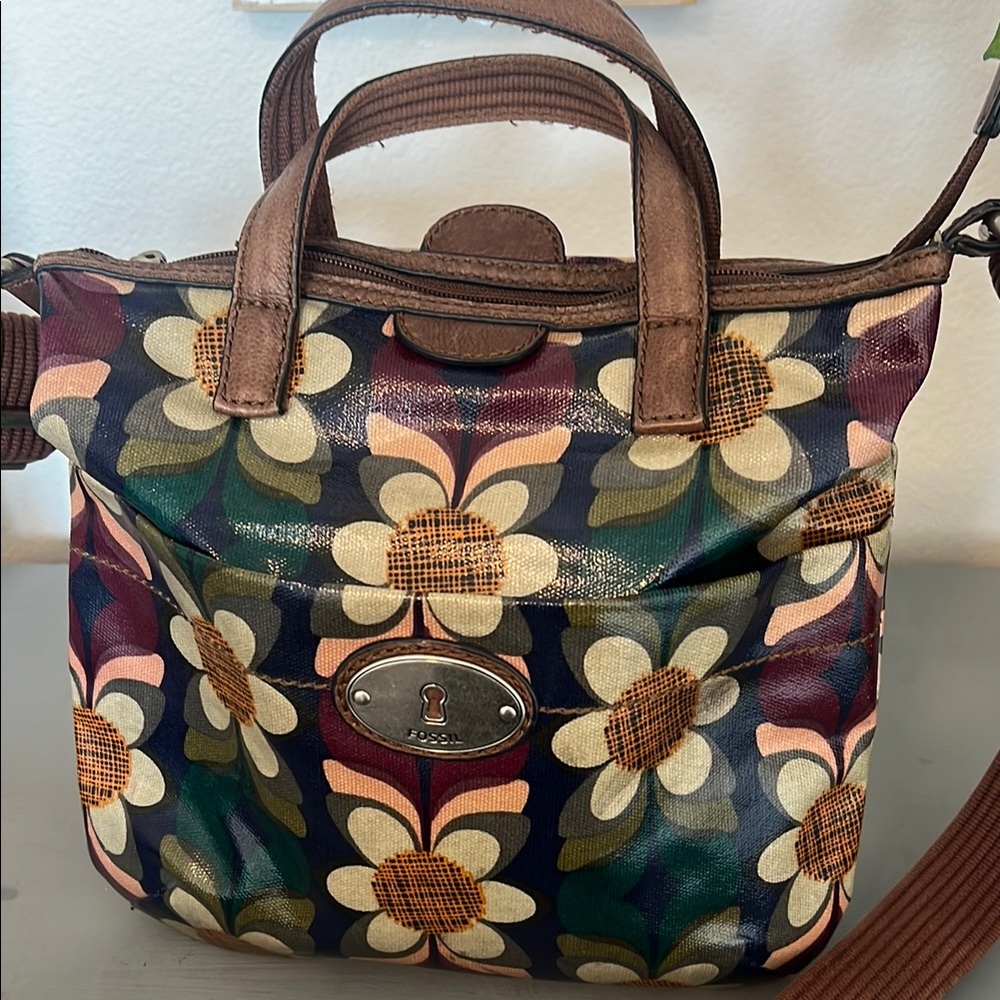 Fossil Brown and Blue Crossbody Bag with Leather Accents